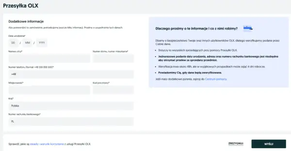 Formularz uzupełniania danych do przesyłki OLX: data urodzenia, adres, numer telefonu i konta bankowego.