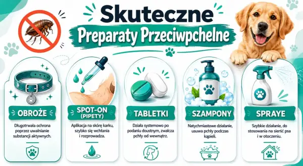 Szukasz co na pchły dla szczeniaka? Grafika pokazuje obroże, spot-on, tabletki, szampony i spraye przeciw pchłom dla psów.
