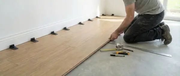 A person kneels, installing light wood click lock flooring. Spacers are placed along the wall, and tools like a tape measure and utility knife are nearby.