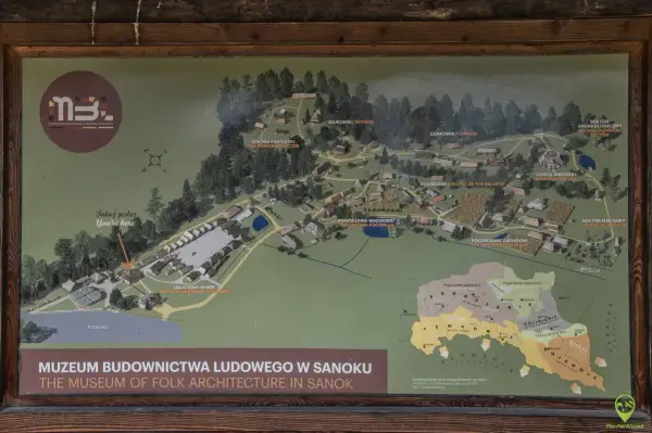 Mapa Muzeum Budownictwa Ludowego w Sanoku. Ukazuje rozmieszczenie sektorów: Bojków, Łemków, Dolinian, Pogórzan i innych.