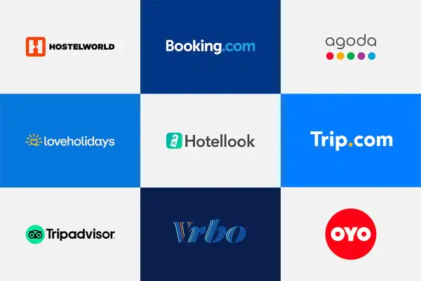 Loga platform rezerwacji noclegów: Hostelworld, Booking.com, Agoda, Loveholidays, Hotellook, Trip.com, TripAdvisor, Vrbo, OYO.