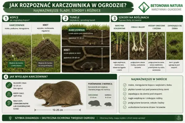 Nieregularne kopce i płytkie tunele to ślady karczownika. Zwierzę podgryza korzenie, cebule i bulwy, powodując więdnięcie roślin.
