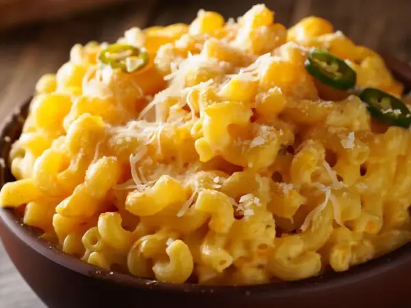 Cremiges Mac and Cheese mit Jalapeño-Scheiben und geriebenem Käse, serviert in einer braunen Schüssel.