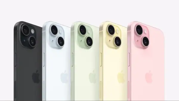 Pięć iPhone'ów 15 w różnych kolorach: czarny, biały, zielony, żółty i różowy. Poznaj ich wymiary i wybierz swój ulubiony.