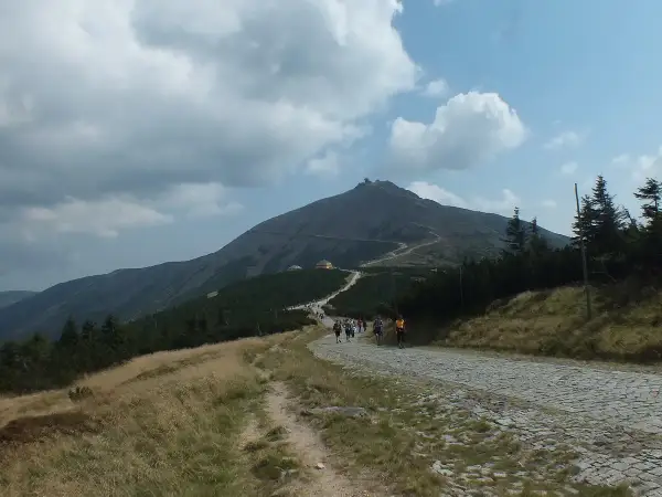 Szlak na Śnieżkę z Szklarskiej Poręby. Grupa turystów wędruje kamienistą ścieżką pod górę, w kierunku szczytu.