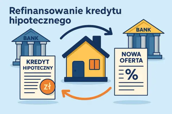 Ilustracja pokazuje przeniesienie kredytu hipotecznego. Dom symbolizuje klienta, który przenosi swój kredyt z jednego banku do drugiego, szukając lepszej oferty.