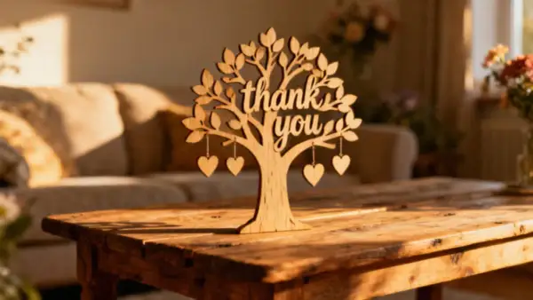 Drewniane drzewko z wyciętym napisem "thank you" i wiszącymi serduszkami. Ciepłe światło podkreśla jego urok.