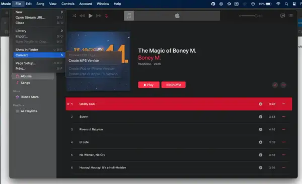 Apple Music app on Mac showing the "Convert" menu open, with "Create MP3 Version" highlighted, ready to convert audio files.