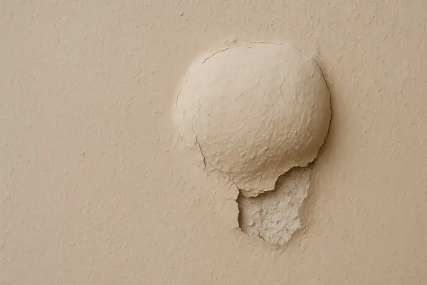 Rigonfiamento intonaco: la pittura si stacca rivelando la causa sottostante, probabilmente umidità.