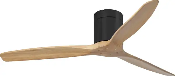 Ventilador de techo con aspas de madera natural y motor negro. Ideal para un acabado moderno en pladur.