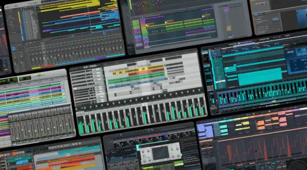 Collage of digital audio workstations, showcasing various interfaces for free studio recording software, with colorful waveforms and faders.