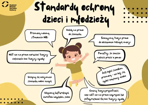 Ilustracja przedstawia dziewczynkę wesoło podskakującą, otoczoną dymkami z hasłami o ochronie dzieci. Jej radosny temperament podkreśla hasło "Każdy ma prawo do szacunku".
