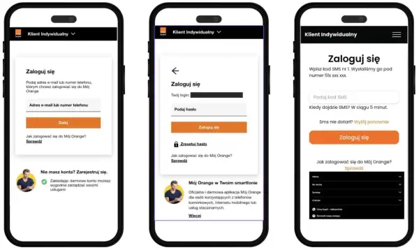 Trzy ekrany aplikacji Mój Orange pokazują proces logowania. Można tu znaleźć kod na sprawdzenie internetu Orange.