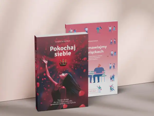 Książka dla faceta "Pokochaj siebie" z koroną i płatkami róż. Obok druga książka o relacjach.