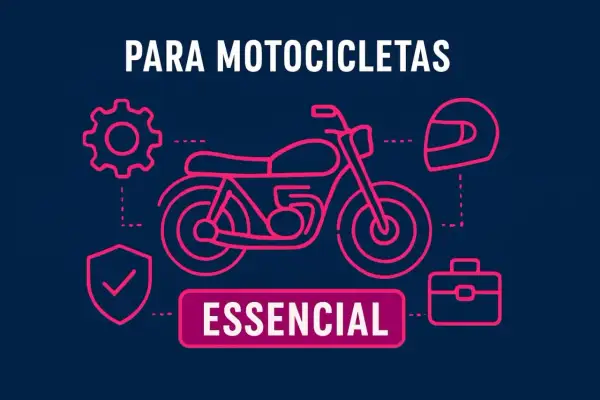 Ilustración de una moto, casco, maletín y engranaje. Todo es esencial para la mejor moto.