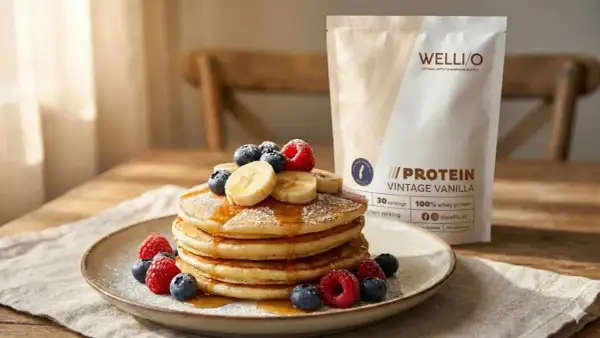 En hög med fluffiga proteinpannkakor, toppade med bär och banan. Bredvid syns en påse Wellio Vintage Vanilla proteinpulver, perfekt för ditt proteinpannkakor recept.
