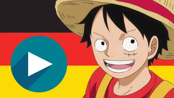 Luffy lächelt vor der deutschen Flagge. Hier erfährst du, wo man One Piece gucken kann. Ein Play-Button ist sichtbar.