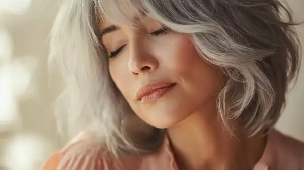 Mujer con un corte wolf cut moderno y cabello plateado, con los ojos cerrados y una expresión serena.