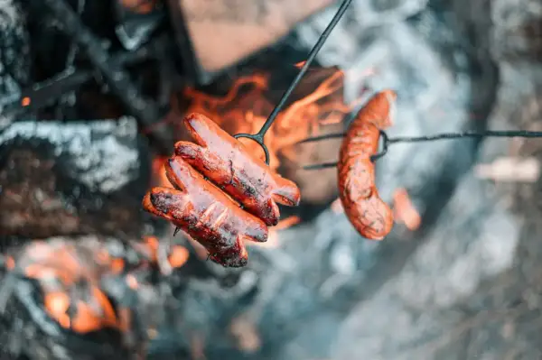 Kiełbaski pieką się nad ogniskiem. Dobre drewno na ognisko do kiełbasy to podstawa idealnego smaku.