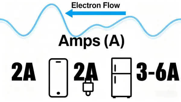 Amper jednostka: 2A dla telefonu, 2A dla ładowarki, 3-6A dla lodówki. Wykres pokazuje przepływ elektronów.