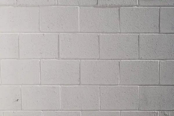 Mur de parpaings blancs, fraîchement peints au pistolet. La texture rugueuse des blocs est visible sous la couche de peinture uniforme.