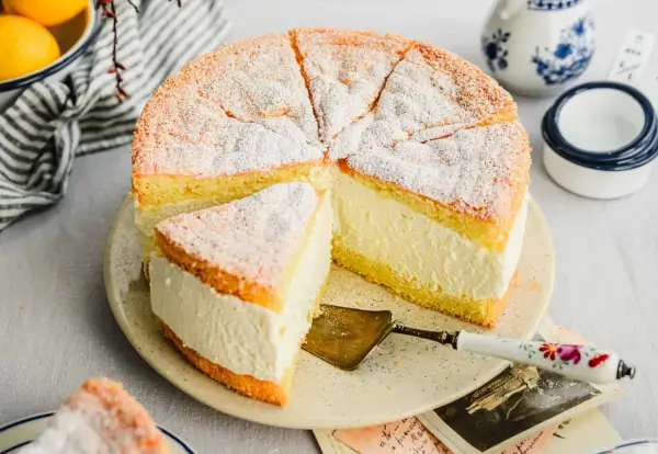 Saftige Quark Sahne Torte, mit Puderzucker bestäubt, auf einem Teller mit Tortenheber. Daneben Zitronen und eine Kanne.