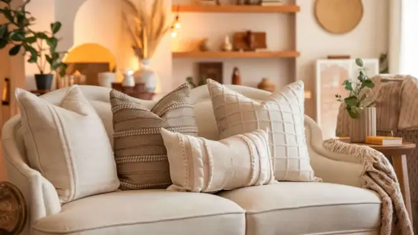 A cozy couch styled with textured pillows, showcasing how to style pillows on a couch for a warm, inviting look.