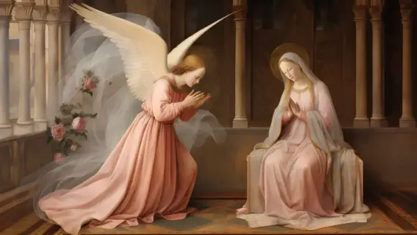 Anioł zwiastuje Maryi, której słowa "Magnificat hymn tekst" rozbrzmiewają w sercu.