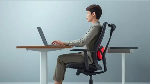 Kobieta z przepukliną kręgosłupa pracuje przy biurku, używając ergonomicznego krzesła z podparciem lędźwiowym.