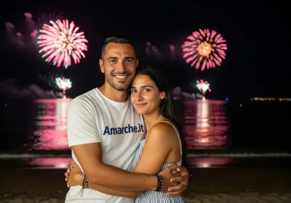 Coppia abbracciata sulla spiaggia con fuochi d'artificio rosa e verdi sullo sfondo. Un'idea perfetta per cosa fare a Ferragosto.