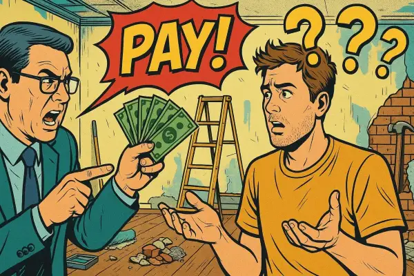 Un uomo in giacca e cravatta mostra soldi a un altro uomo confuso, con un fumetto "PAGA!". Forse si discute di migliorie locazione e costi inaspettati.