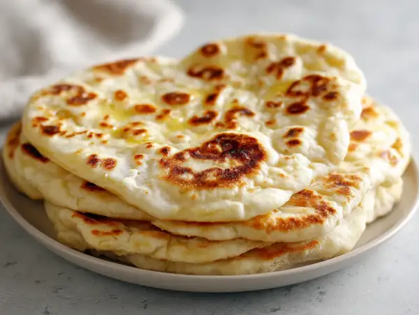 En stapel fluffigt, gyllene naanbröd, perfekt för ditt nästa naan recept. Smält smör glänser på toppen.