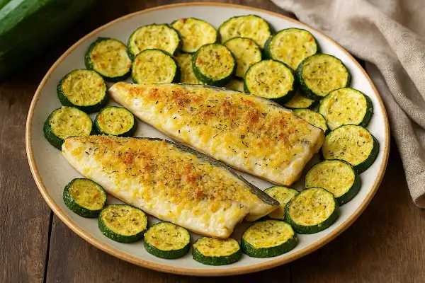 Due filetti di branzino in friggitrice ad aria, dorati e croccanti, serviti con zucchine a rondelle.