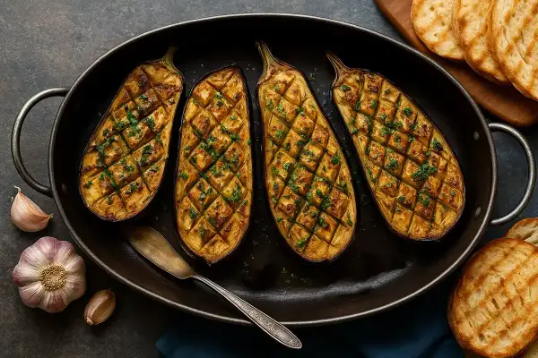 Quatre moitiés d'aubergine au four, grillées et parsemées de persil frais, dans un plat ovale. Des toasts grillés et de l'ail complètent ce plat savoureux.