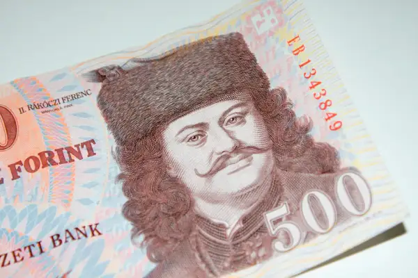Portret II. Rákócziego Ferenca na banknocie 500 forintów. Węgry waluta w zbliżeniu.