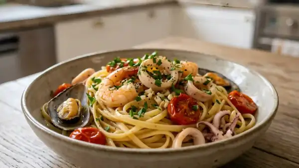 Un plat de pâtes aux fruits de mer, garni de crevettes, calamars, moules et tomates cerises, parsemé de persil frais.