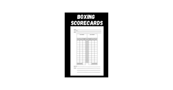A boxing score card template with fields for event, location, date, and round-by-round scoring for red and blue corners.