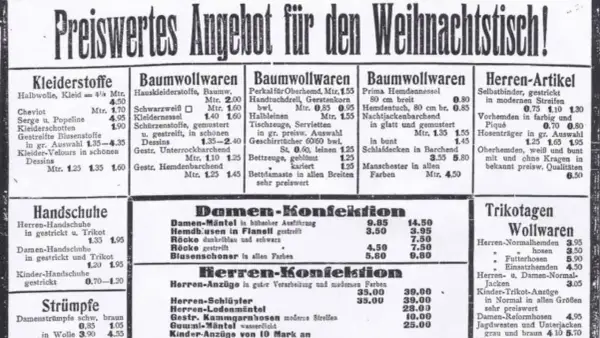 Preise von 1923: Kleider, Stoffe, Herren-Artikel. Ein Blick auf die Hyperinflation 1923.