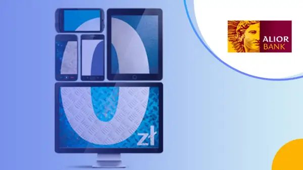 Nowoczesne urządzenia, w tym komputer z symbolem "zł", oraz logo Alior Bank. Wpłatomat BLIK to wygoda płatności.