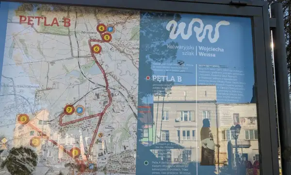 Kalwaria Zebrzydowska atrakcje: mapa szlaku Wojciecha Weissa, pętla B pieszo-samochodowa. Odkryj zakątki i zabytki.