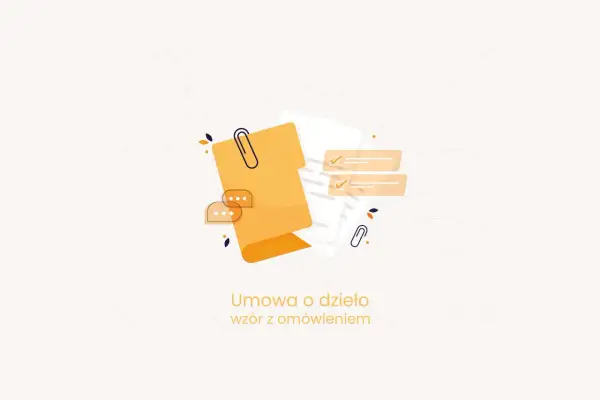 Ilustracja przedstawia dokumenty, spinacz i dymki czatu, symbolizujące umowę o dzieło po angielsku.
