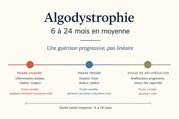 Schéma des phases de l'algodystrophie : chaude, froide, récupération. Le temps de guérison algodystrophie est en moyenne de 6 à 24 mois.