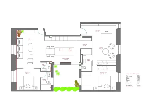 Plano de reforma con ideas para unir dos casas: salón, cocina-comedor, dormitorios, baños, vestidor y despacho.