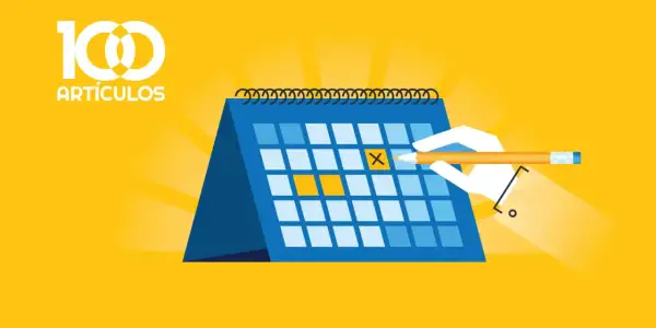 Un calendario anual muestra un día marcado con una X. El texto "100 ARTÍCULOS" aparece en la esquina superior izquierda.