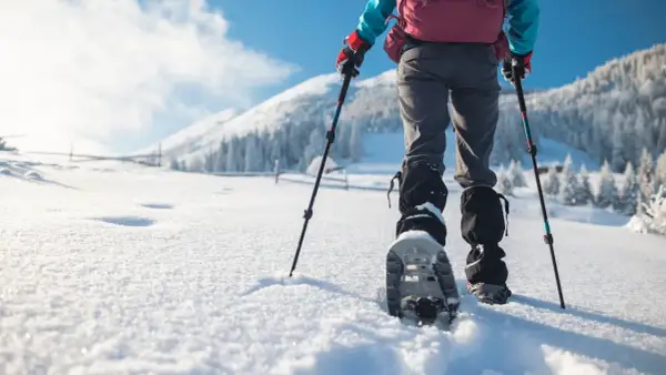 Randonnée en raquettes dans un paysage enneigé. Une personne avance dans la poudreuse, bâtons à la main, profitant des sports neige.