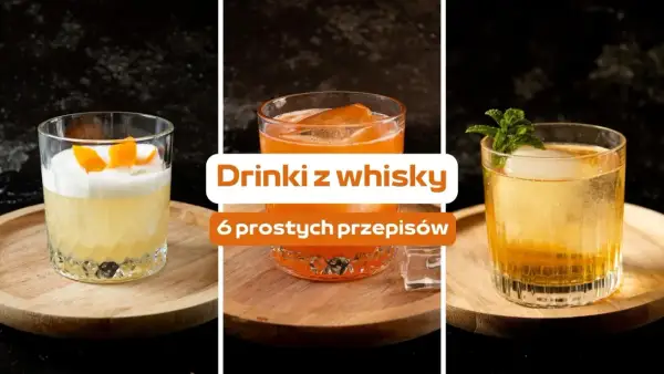 Trzy drinki z whisky: jeden z pianką i skórką pomarańczy, drugi pomarańczowy z lodem, trzeci złoty z miętą.