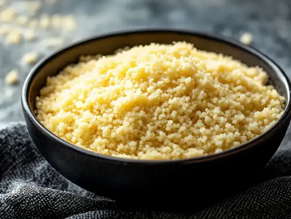 En skål med fluffig, gyllene bulgur, redo att koka. Perfekt som tillbehör till din måltid.