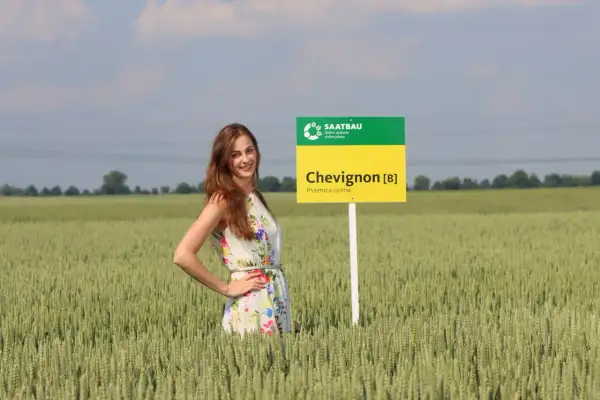 Kobieta w kwiecistej sukience stoi w polu pszenicy ozimej odmiany Chevignon.