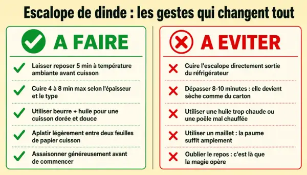 Conseils pour une escalope de dinde parfaite : à faire et à éviter. Laissez reposer, cuisez juste ce qu'il faut, utilisez beurre et huile, aplatissez et assaisonnez. Évitez le froid, la surcuisson, la mauvaise huile et le manque de repos.