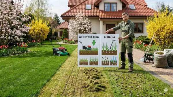 Ogrodnik prezentuje tablicę z opisem wertykulacji i aeracji trawnika. Widać efekty zabiegów, narzędzia i worki z ziemią.